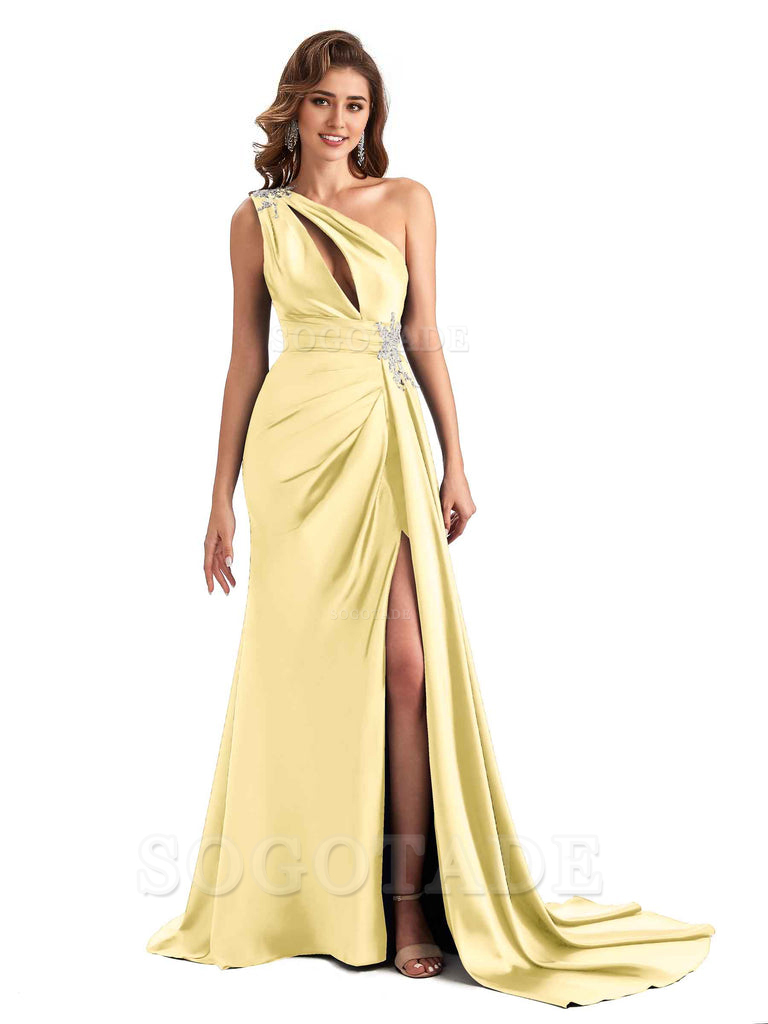 Sexy Side Slit Mermaid Soft Satin One Shoulder Lace Long Modern Bridesmaid Dresses