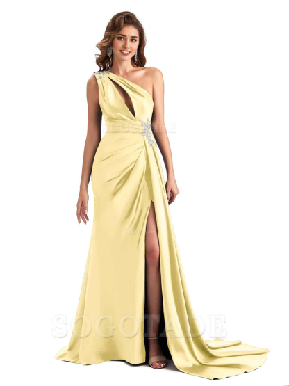 Sexy Side Slit Mermaid Soft Satin One Shoulder Lace Long Modern Bridesmaid Dresses