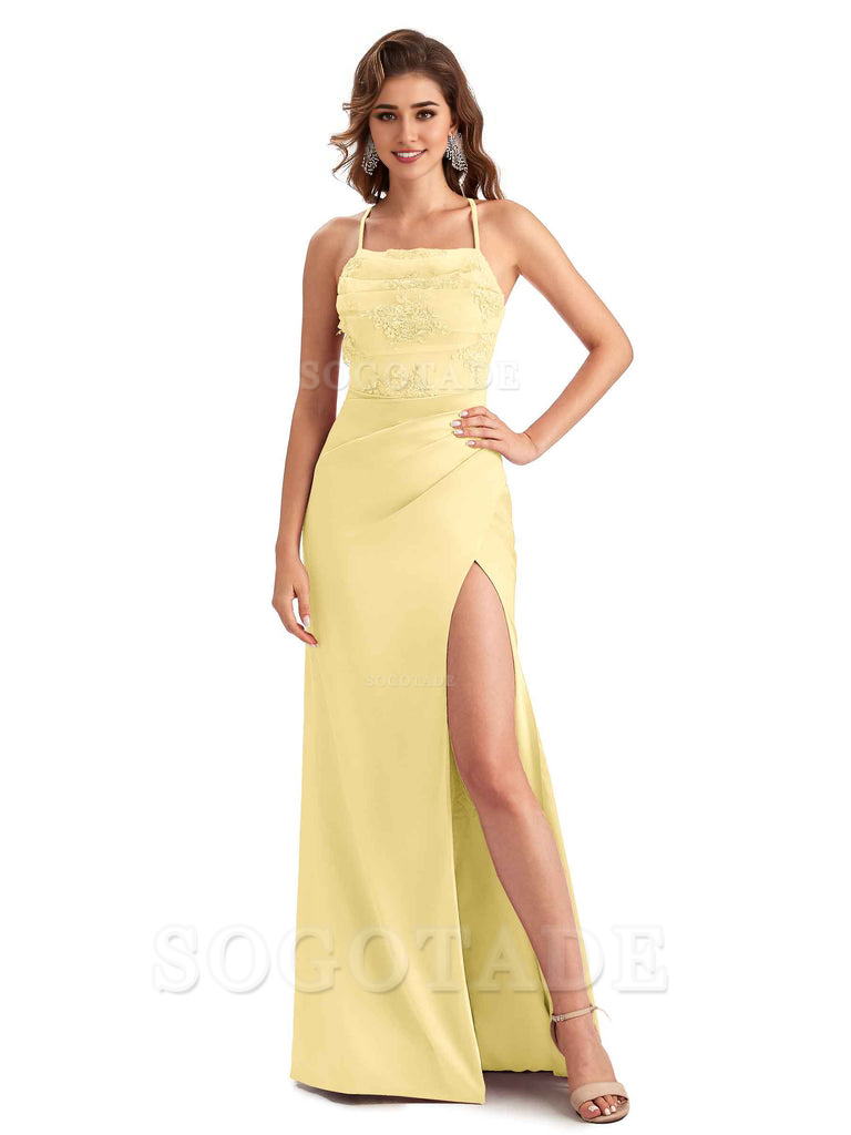 Sexy Side Slit Mermaid Lace Silky Satin Long Wedding Day Guest Dresses