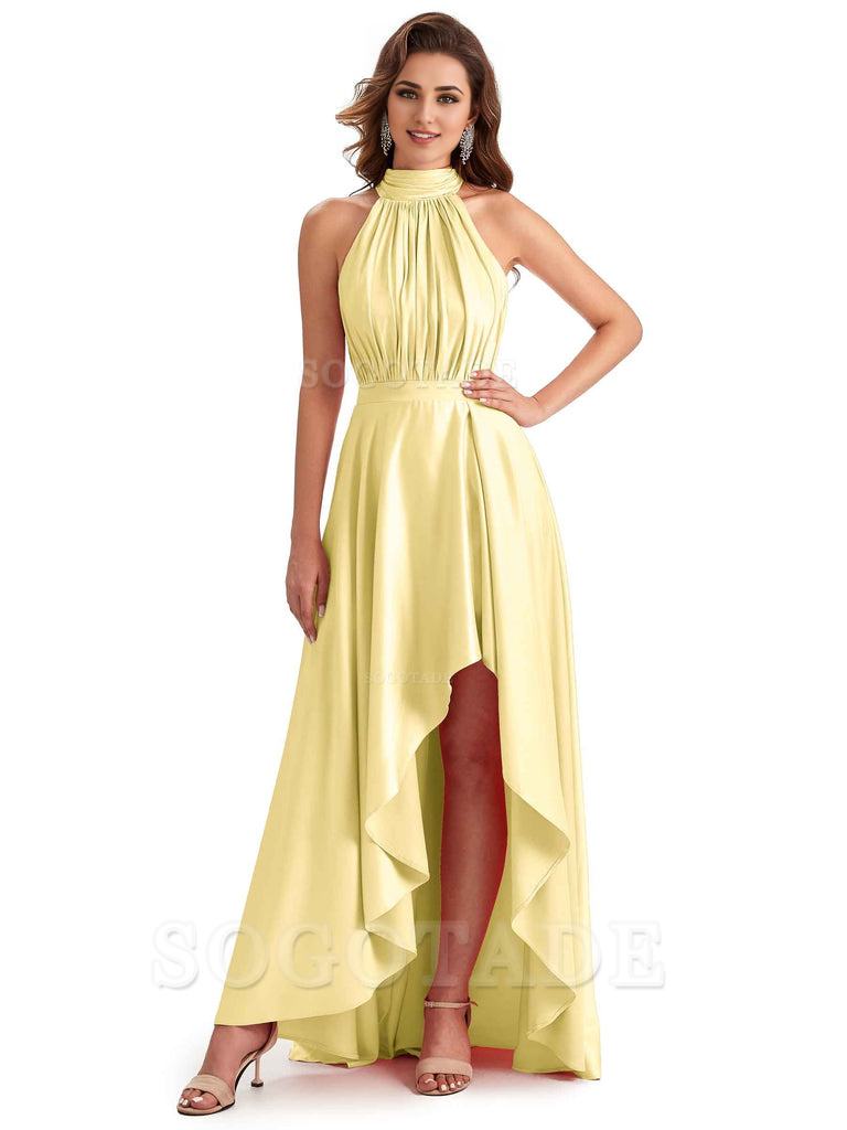 Soft Satin High Neck High Low A-Line Unique Bridesmaid Dresses Online