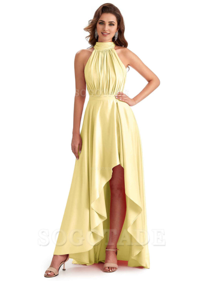 Soft Satin High Neck High Low A-Line Unique Bridesmaid Dresses Online