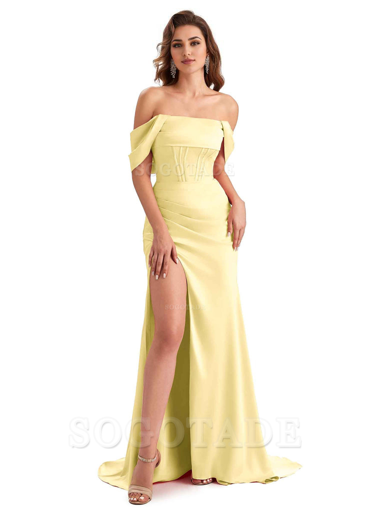 Sexy Side Slit Mermaid Soft Satin Off The Shoulder Unique Long Wedding Attendee Dresses