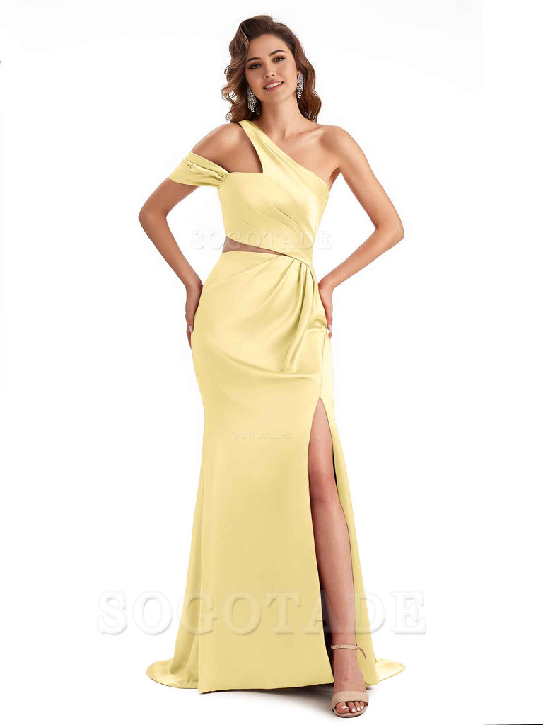 Sexy Side Slit Mermaid Soft Satin One Shoulder Long Unique Bridesmaid Dresses
