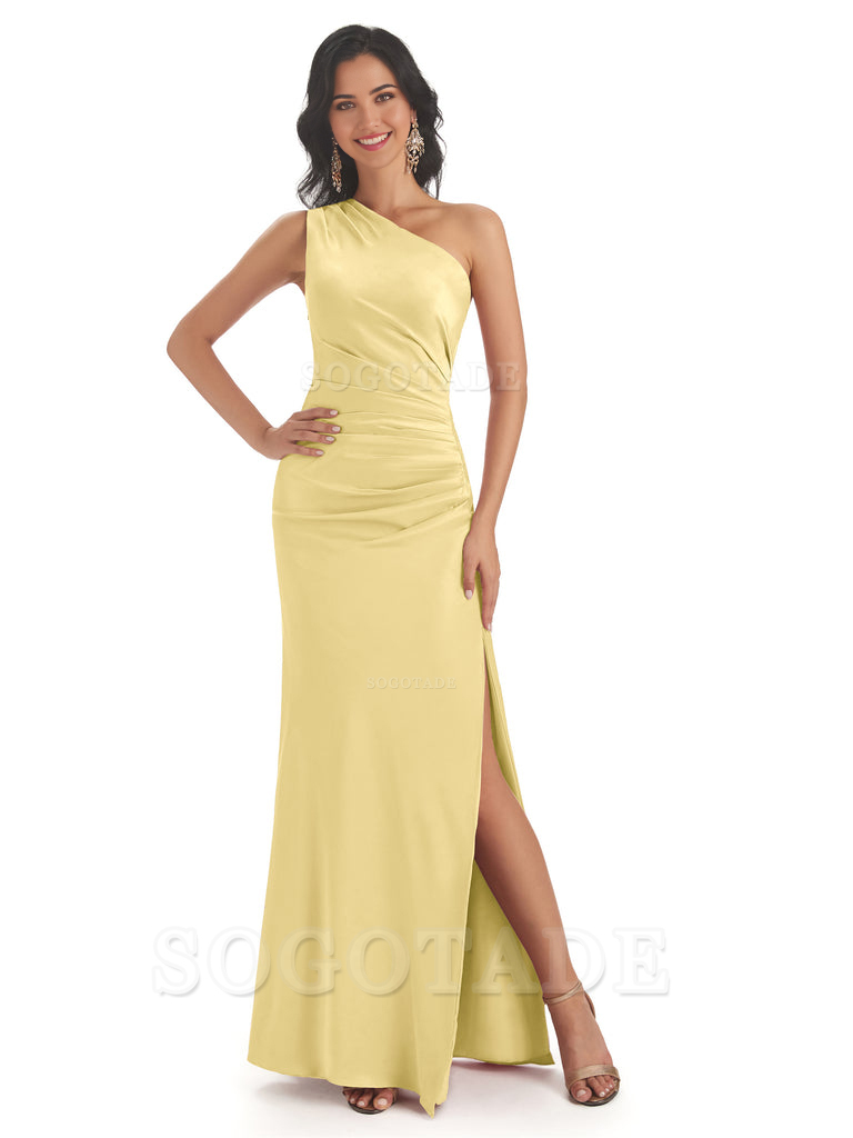 Mermaid One Shoulder Satin formal dresses evening gown Bridesmaid Dresses With Side Slit 