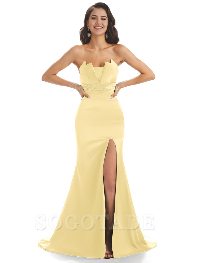 Mermaid sleeveless Satin formal dresses evening gown Bridesmaid Dresses With Side Slit 