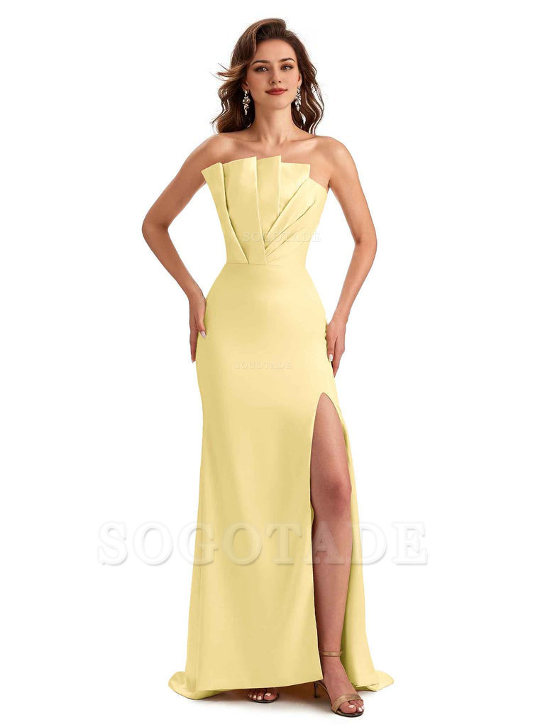 Unique Soft Satin Side Slit Asymmetrical Neckline Mermaid Long Bridesmaid Dresses