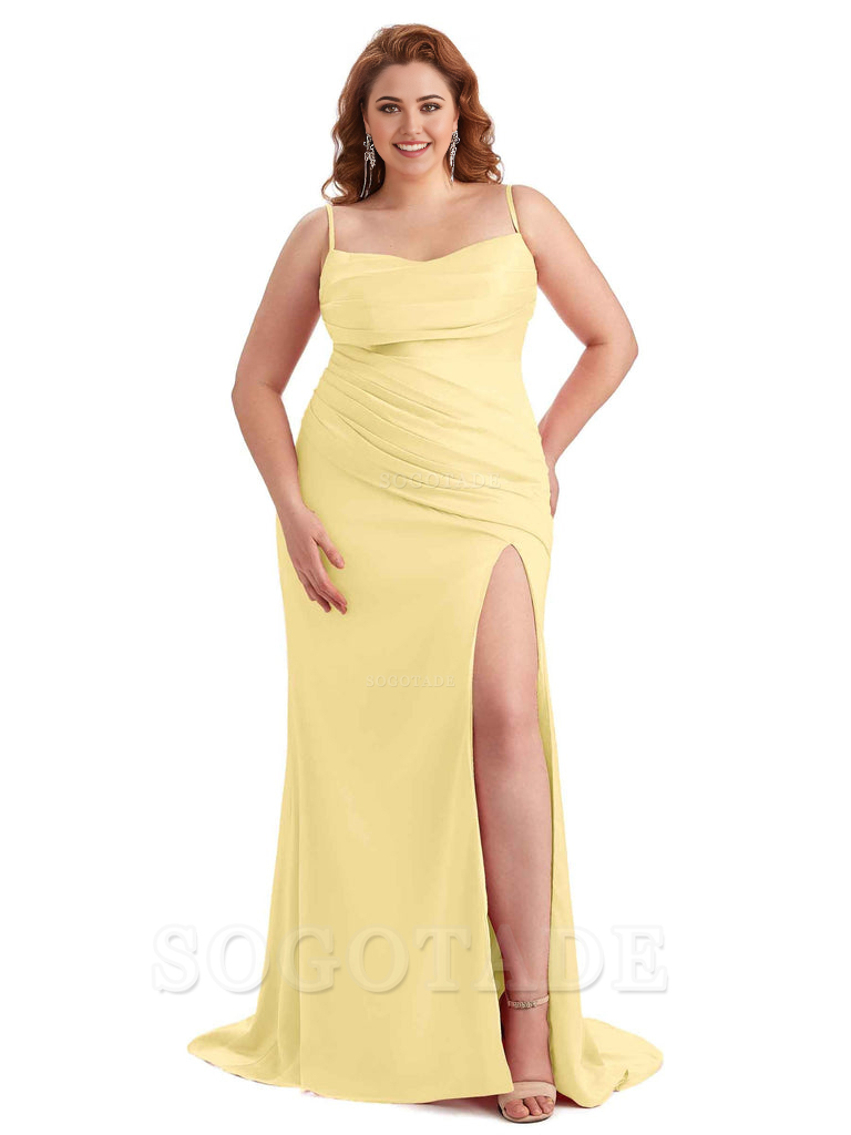 Sexy Side Slit Spaghetti Straps Mermaid Soft Satin Long Plus Size Bridesmaid Dress For Wedding