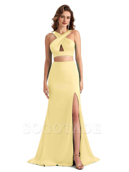 Sexy Side Slit Mermaid Silky Satin Halter Two Pieces Unique Long Bridesmaid Dresses