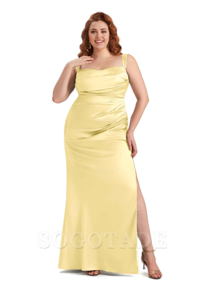 Sexy Side Slit Mermaid Wide Straps Soft Satin Long Plus Size Maid of Bridesmaid Dresses