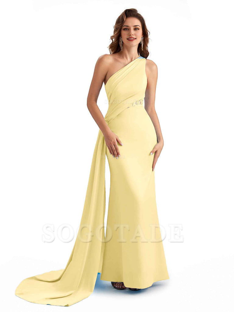 Sexy Mermaid Silky Satin One Shoulder Lace See Through Long Bridesmaid Dresses Online