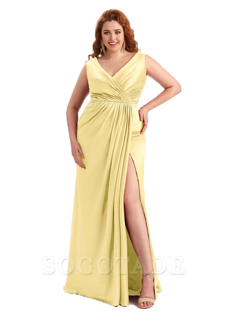 Mermaid V-Neck Satin formal dresses evening gown Bridesmaid Dresses With Side Slit 