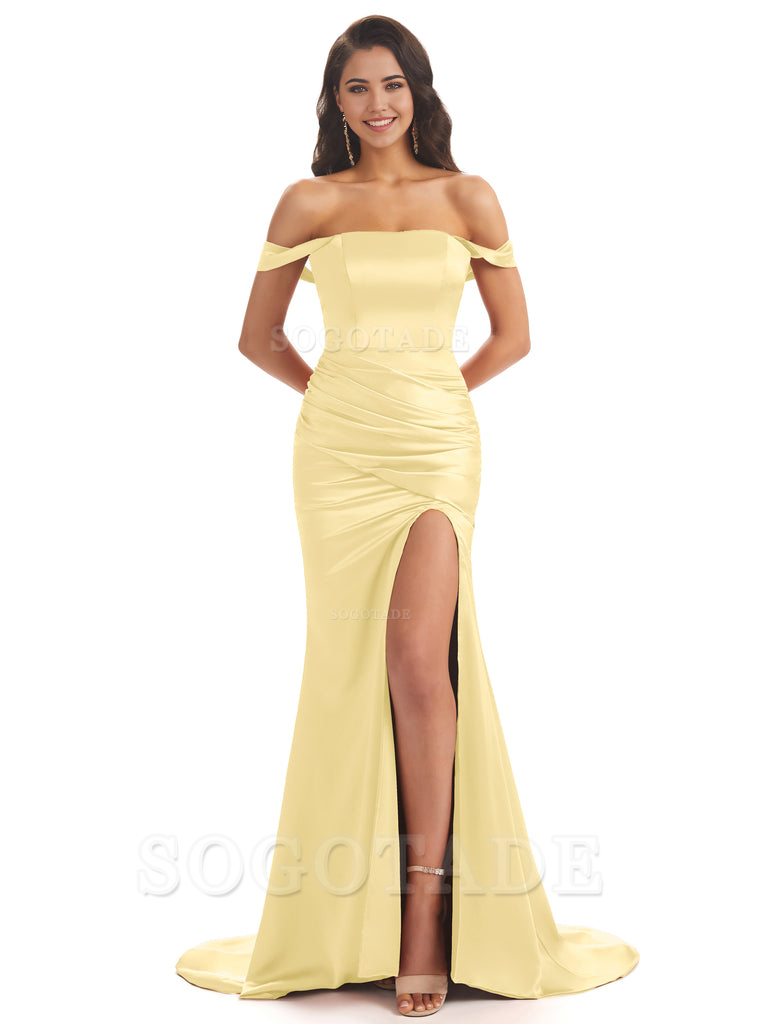 Mermaid Off Shoulder Floor-Length Satin formal dresses evening gown Bridesmaid Dresses With Side Slit 
