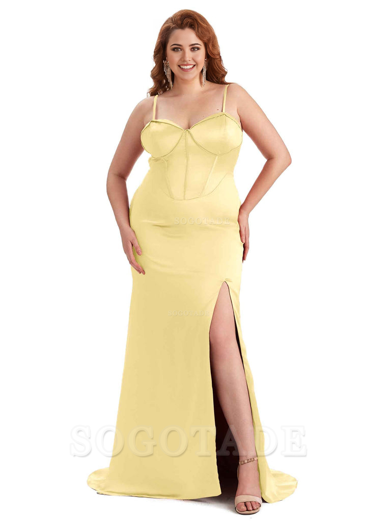 Sexy Spaghetti Straps Side Slit Sleeveless Mermaid Soft Satin Long Bridesmaid Dress Plus Size Dress To Wear to a Wedding