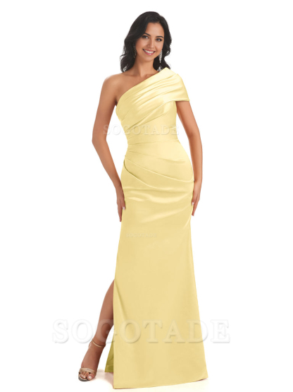 Mermaid One Shoulder Satin Long formal dresses evening gown Bridesmaid Dresses With Side Slit 