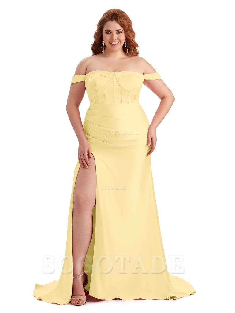 Elegant Off The Shoulder Side Slit Mermaid Soft Satin Floor Length Long Plus Size Bridesmaid Gowns