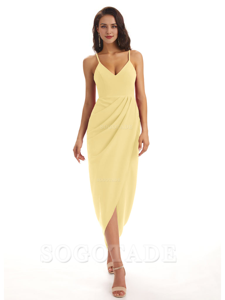 Simple Soft Satin Spaghetti Straps Mermaid Midi Bridesmaid Dresses prom shop dresses