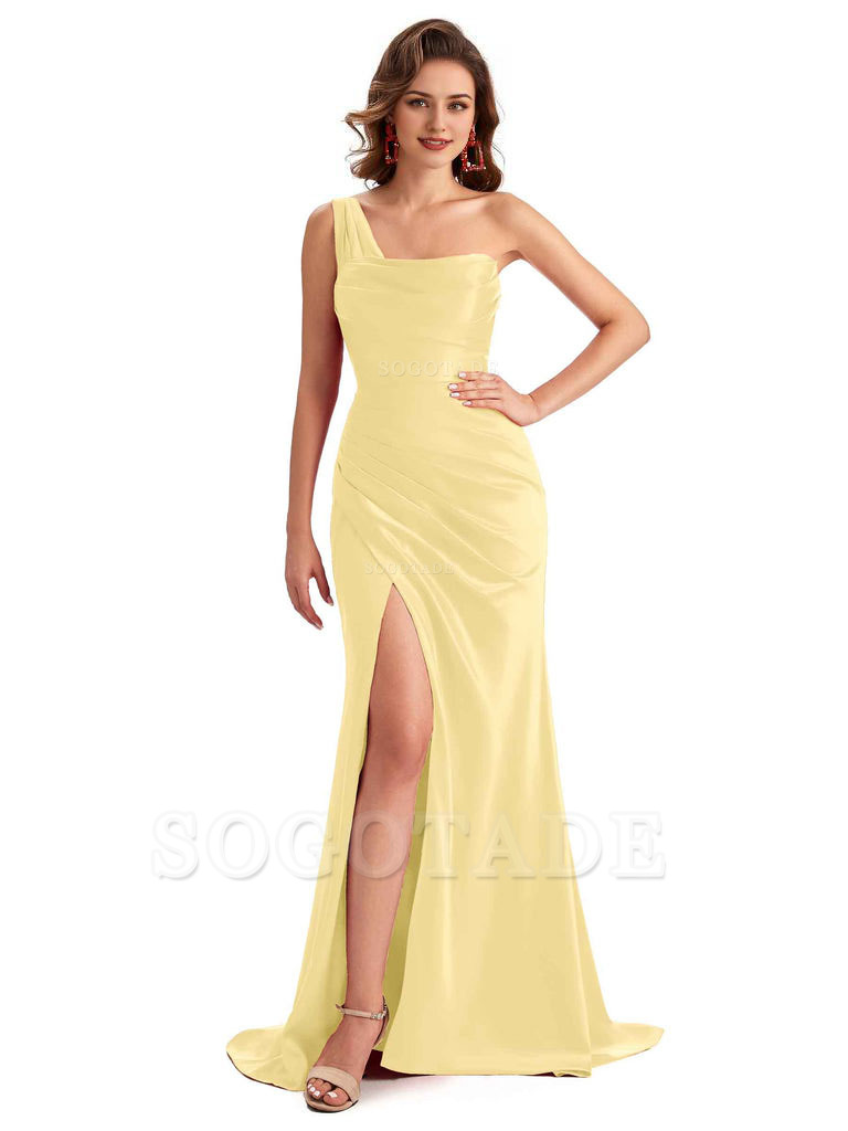 Sexy One Shoulder Side Slit Silky Satin Chic Long Mermaid Trumpet Bridesmaid Dress