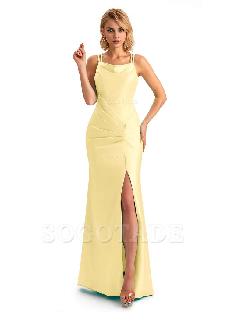 Soft Satin Spaghetti Straps Side Slit Long Unique Mermaid Beautiful Dresses For Wedding