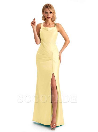 Soft Satin Spaghetti Straps Side Slit Long Unique Mermaid Beautiful Dresses For Wedding