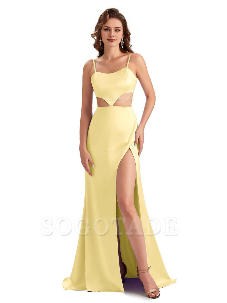 Sexy Satin Side Slit Spaghetti Straps Mermaid Long Unique Curve Wedding Guest Dresses