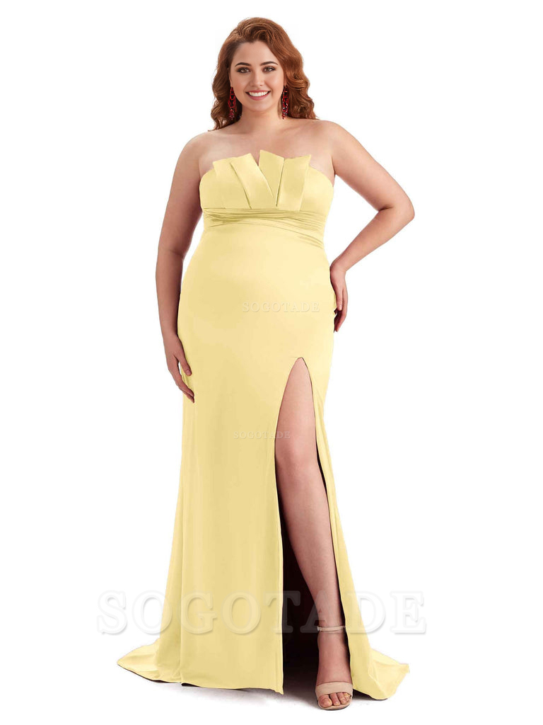 Sexy Side Slit Sleeveless Mermaid Soft Satin Long Plus Size Wedding Party Dresses For Wedding