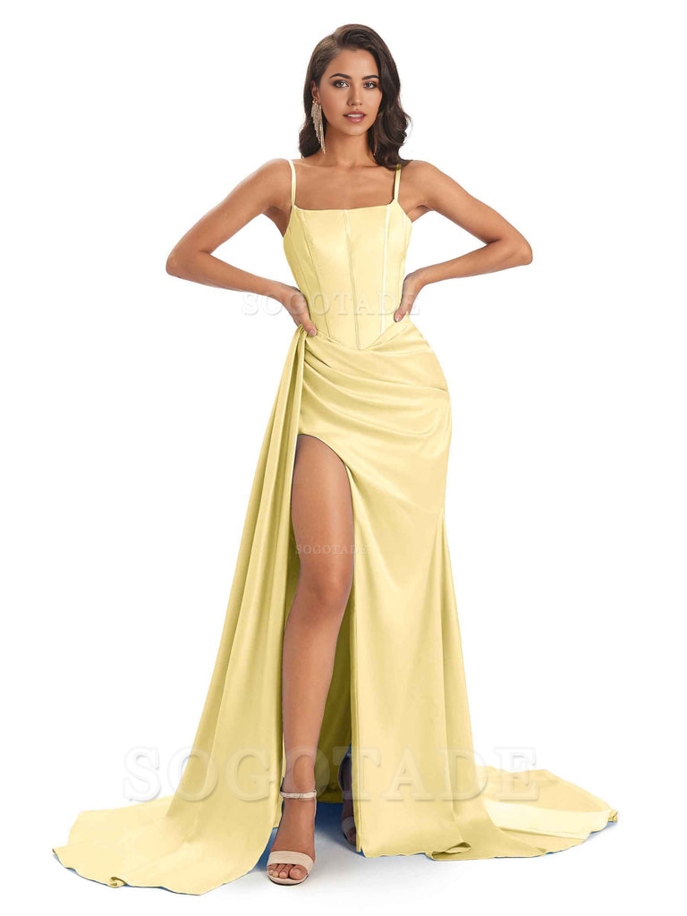 Spaghetti Straps Floor-Length Satin formal dresses evening gown Bridesmaid Dresses With Side Slit 