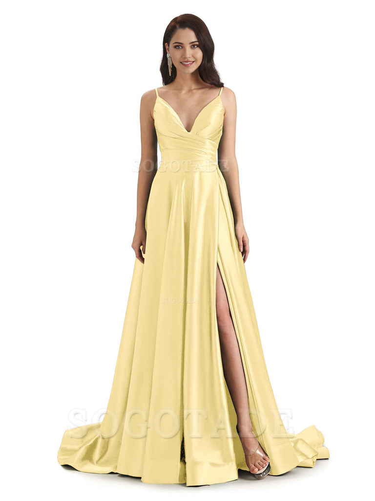 Spaghetti Straps Satin formal dresses evening gown Bridesmaid Dresses With Side Slit 