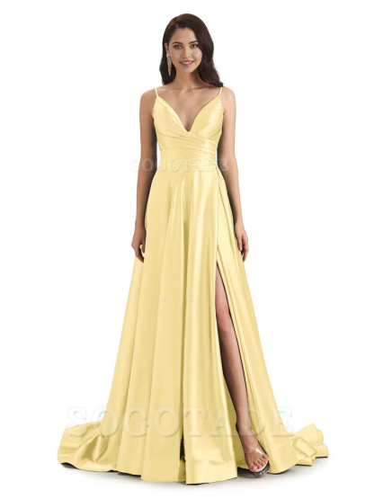 Spaghetti Straps Satin formal dresses evening gown Bridesmaid Dresses With Side Slit 