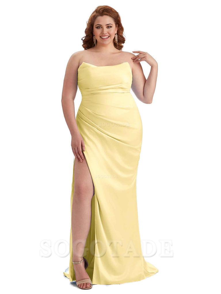 Sexy Side Slit Sleeveless Strapless Mermaid Soft Satin Long Plus Size Bridesmaid Dresses For Wedding