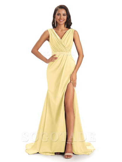 A-line V-neck Floor-Length Satin formal dresses evening gown Bridesmaid Dresses With Side Slit 