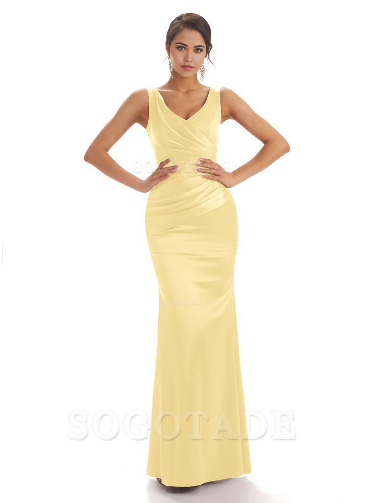 Sheath Sleeveless V-neck Floor-Length Satin formal dresses evening gown Bridesmaid Dresses With Pleats 