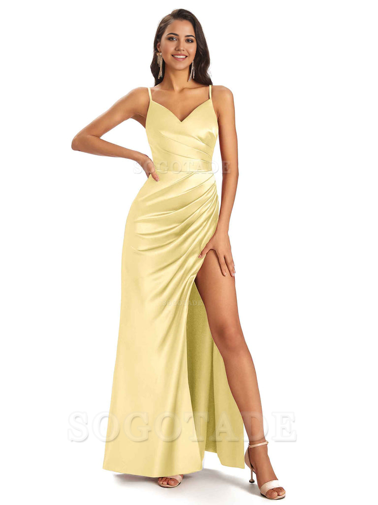Sheath V-Neck Spaghetti Straps formal dresses evening gown Bridesmaid Dresses With Side Slit 