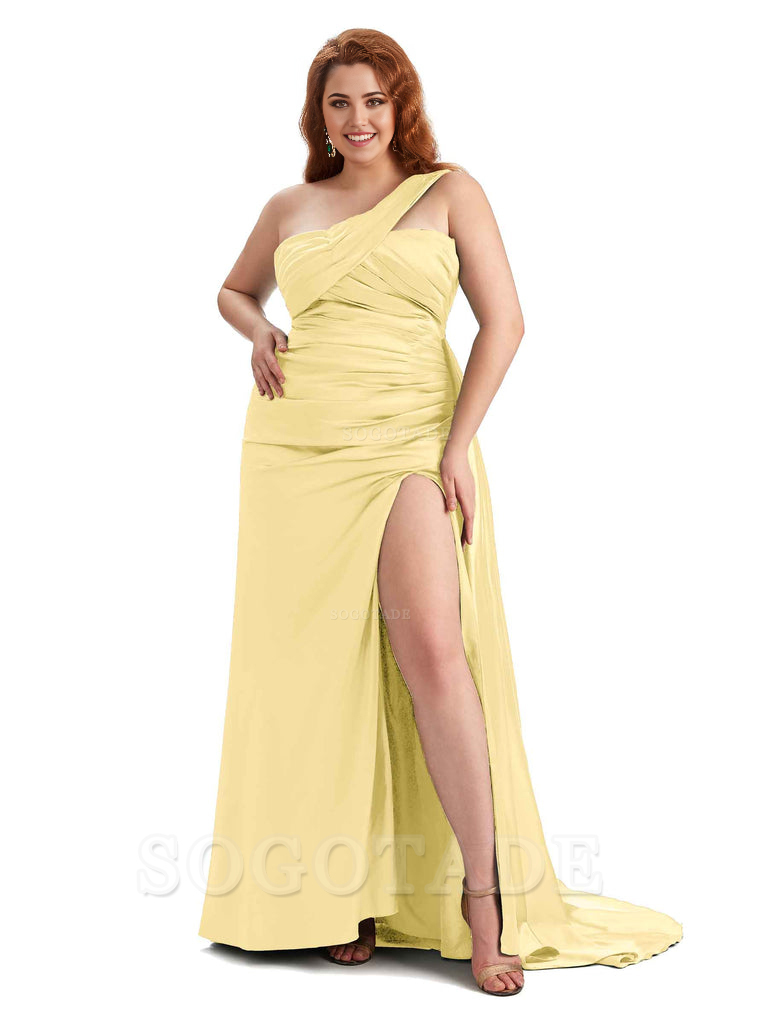  One Shoulder Sleeveless Sexy Side Hight Slit Mermaid Soft Satin Long Plus Size Bridesmaid Gowns