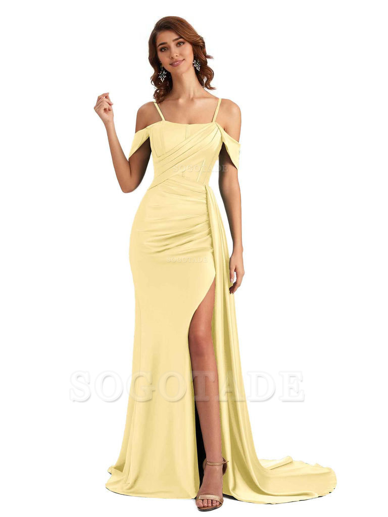 Sexy Side Slit Cold Shoulder Mermaid Satin Chic Long Wedding Guest Dresses