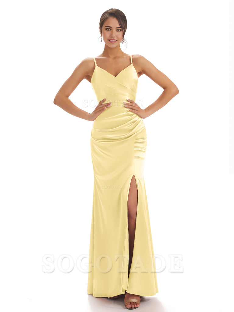 Spaghetti Straps Pleats Satin formal dresses evening gown Bridesmaid Dresses With Side Slit 