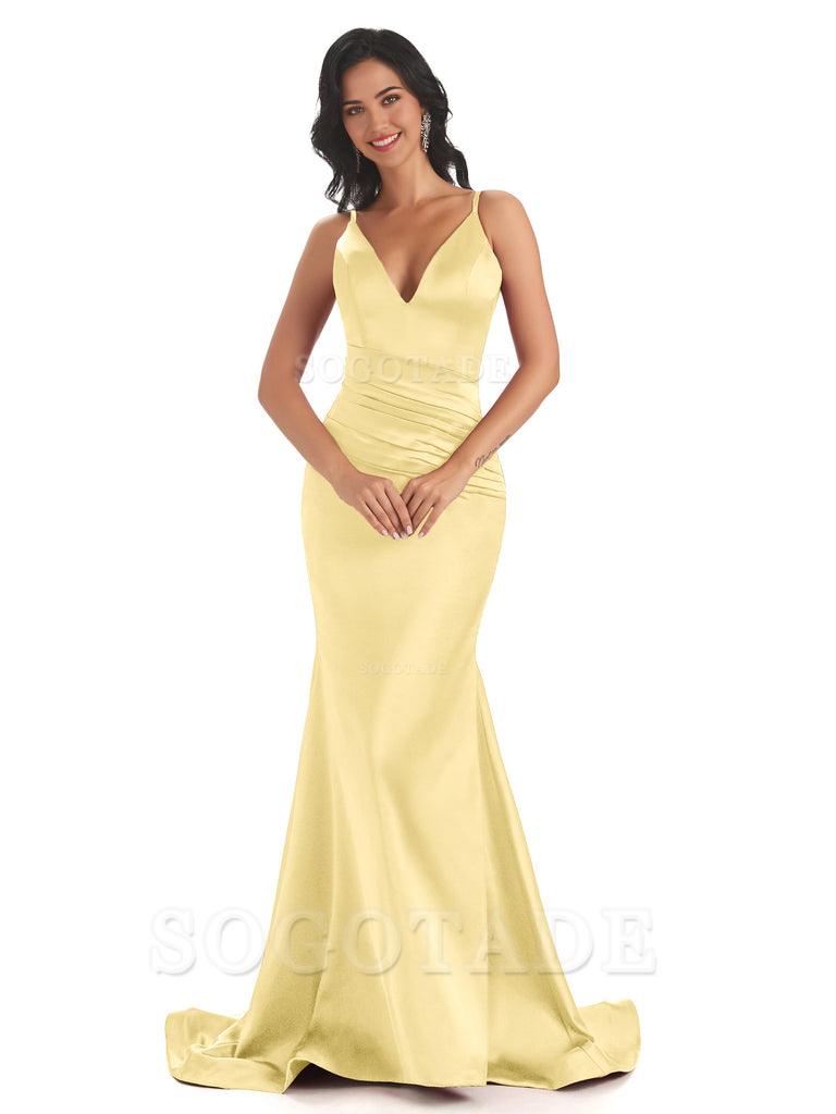 Mermaid Spaghetti V-Neck Straps Satin Long formal dresses evening gown Bridesmaid Dresses With Side Slit 