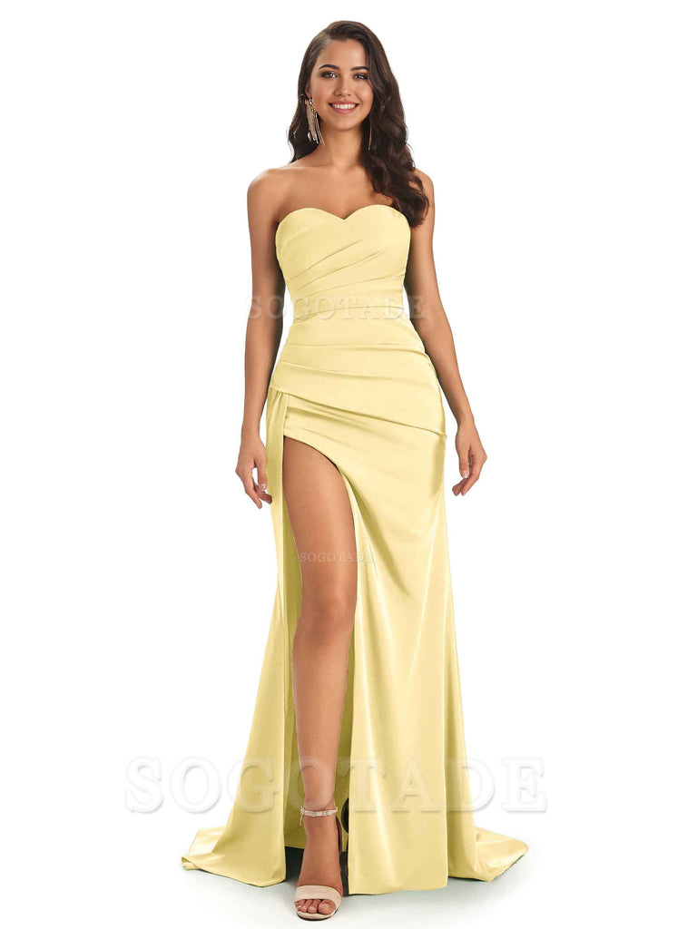 Mermaid Strapless Sweetheart Satin Long formal dresses evening gown Bridesmaid Dresses With Side Slit 