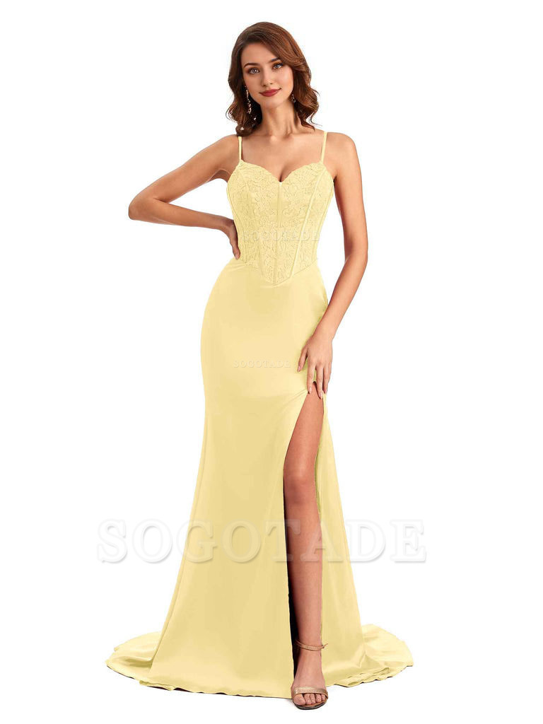 Sexy Side Slit Mermaid Silky Satin V-Neck Lace Unique Long Bridesmaid Dresses