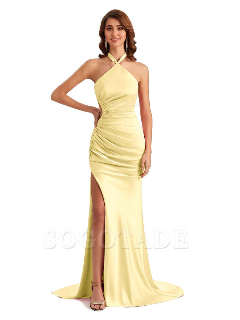 Sexy Halter Mermaid Silky Satin Unique Long Formal Wedding Guest Dresses