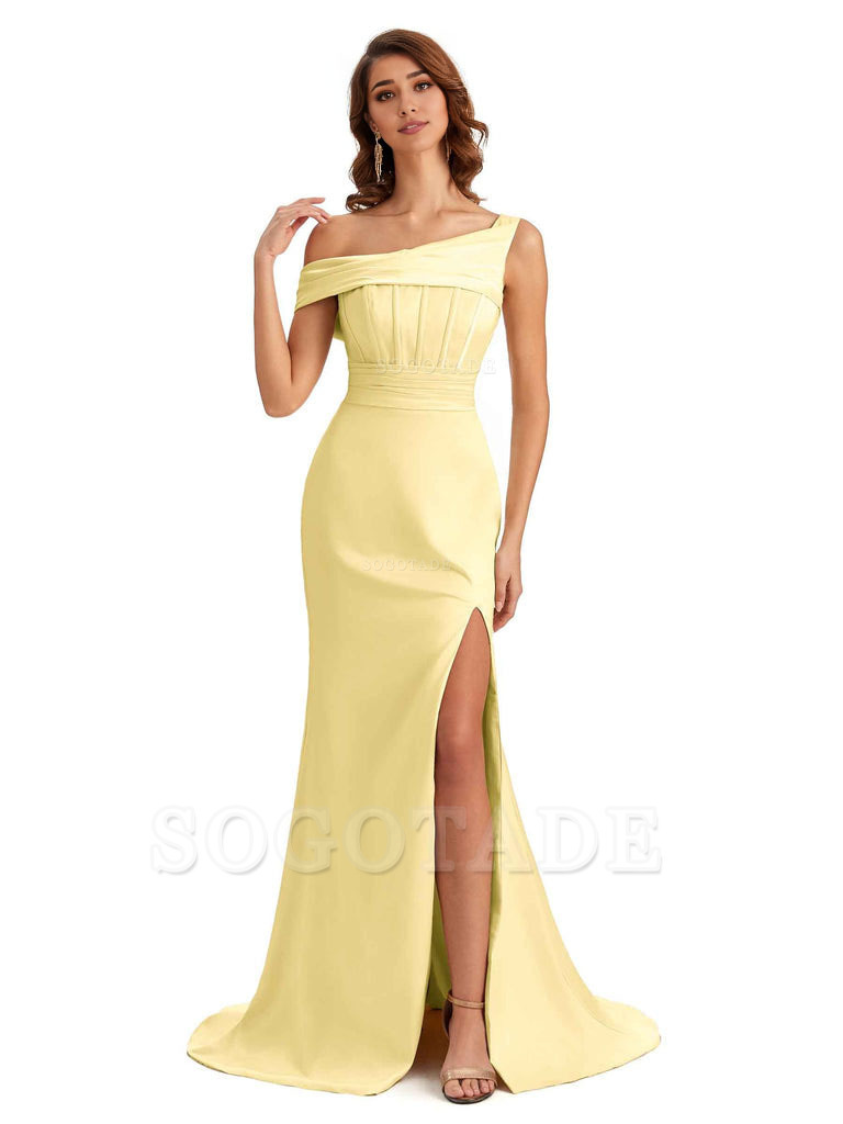 Elegant Asymmetrical Neck Soft Satin Side Slit Long Mermaid Bridesmaid Dresses