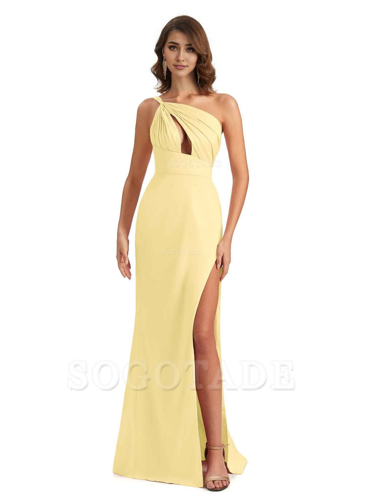 Sexy One Shoulder Silky Satin Unique Long Ladies Bridesmaid Dress For Wedding