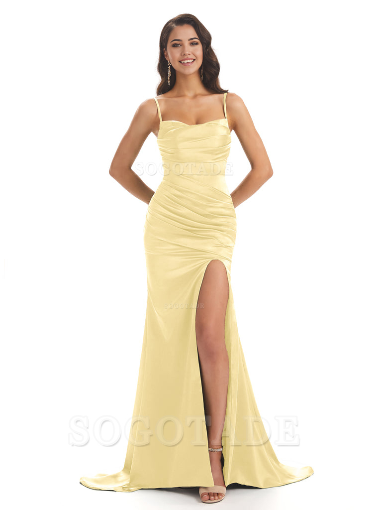 Mermaid Spaghetti Straps Satin Side Slit formal dresses evening gown Bridesmaid Dresses