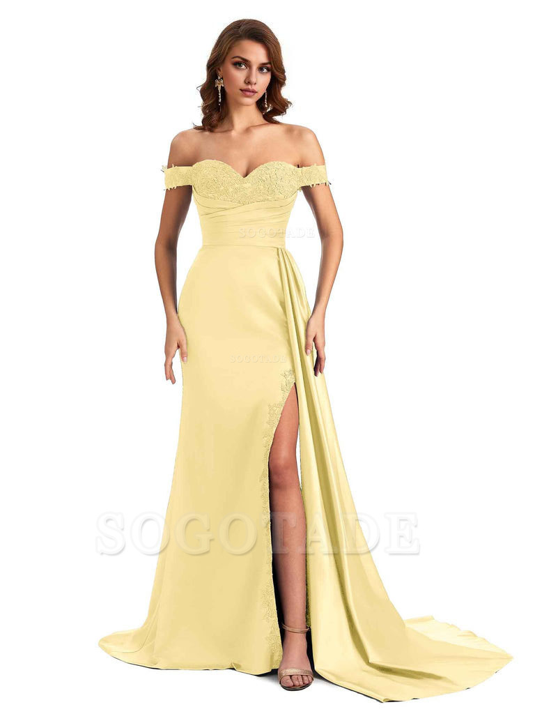 Sexy Off The Shoulder Mermaid Side Slit Silky Satin Long Bridesmaid Dress For Wedding