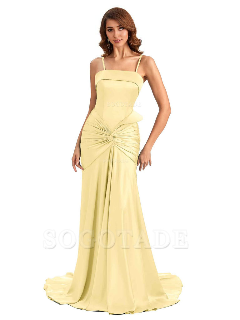 Sexy Mermaid Spaghetti Straps Silky Satin Unique Long Bridesmaid Dress For Wedding