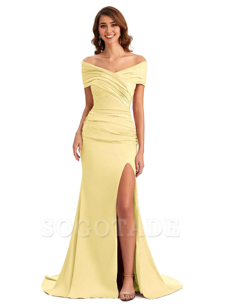 Sexy Off The Shoulder Side Slit Mermaid Satin Unique Long Formal Wedding Guest Dresses