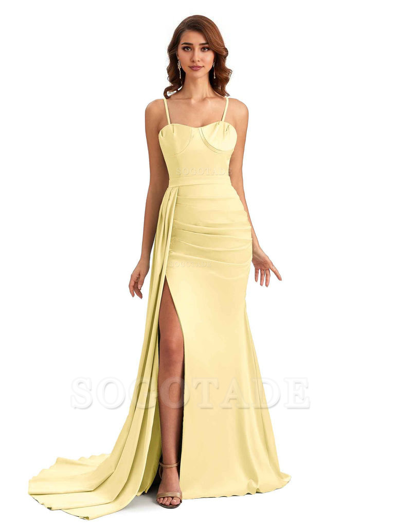 Sexy Spaghetti Straps Side Slit Mermaid Unique Long Bridesmaid Dresses In Satin