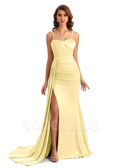 Sexy Spaghetti Straps Side Slit Mermaid Unique Long Bridesmaid Dresses In Satin