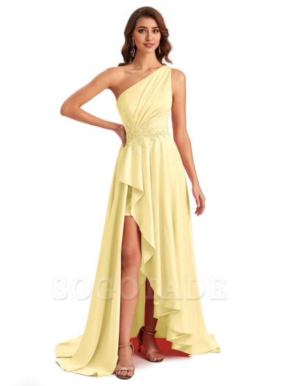 Sexy One Shoulder A-Line High Low Silky Satin Lace Long Formal Wedding Guest Dresses