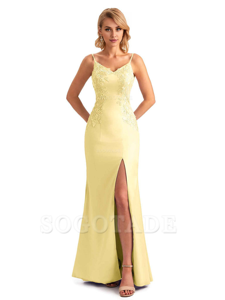 Sexy Side Split Mermaid Spaghetti Straps Soft Satin Unique Lace Long Bridesmaid Dresses