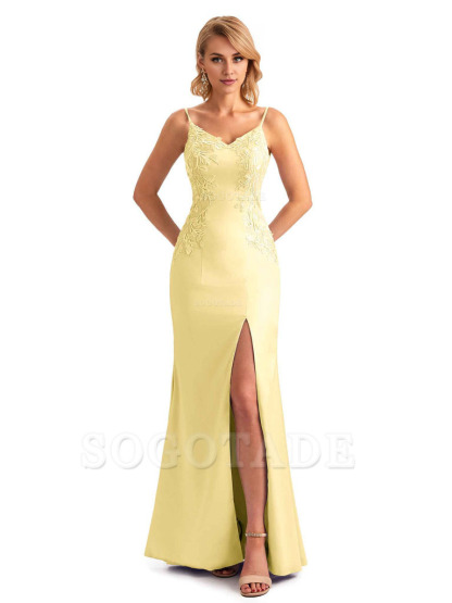 Sexy Side Split Mermaid Spaghetti Straps Soft Satin Unique Lace Long Bridesmaid Dresses